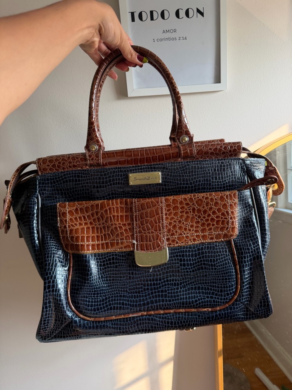 Two-Tone Croc-Embossed Satchel Bag in Brown & Black